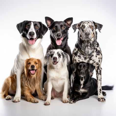 AI art, digital art of a group of dogs of different size, colours and breeds sitting together facing forward. Dog School, Group Of Dogs, Cool Animals, Car Photos, Dog Pictures, Cats And Dogs, Animal Drawings, Art References, A Group