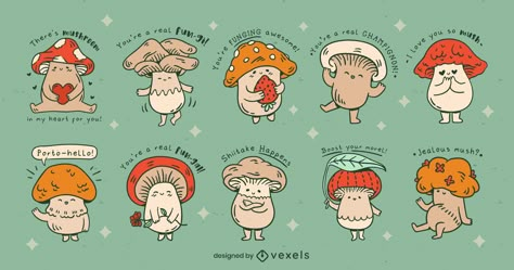 Funny Mushroom Drawing, Mushroom Quotes Funny, Cute Mushroom Illustration, Mushroom People Drawings, Mushroom Illustration Cute, Mushroom Sayings, Mushroom People Tattoo, Cute Mushroom Aesthetic, Mushroom Character Design