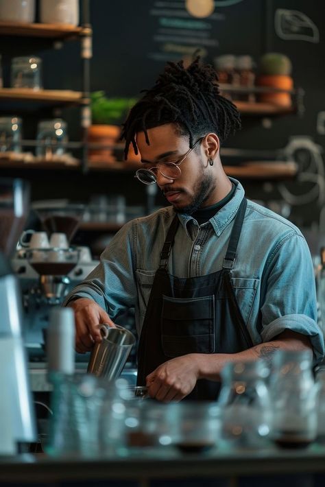 Cafe Staff Photography, Coffee Shop Barista Outfit, Cafe Photography People, People At Coffee Shop, Cafe Photoshoot Ideas Coffee Shop, Cafe Worker Aesthetic, Barista Photoshoot, Cafe Worker Outfit, Barista Man