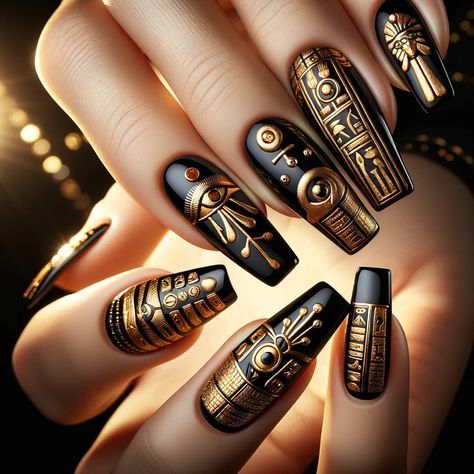 Black And Gold Egyptian Nails, Egyptian Acrylic Nails, Egyptian Inspired Nails, Egyptian Nails Designs, Egypt Nails Design, Egyptian Nail Art, Nail Inspo Elegant, Egypt Nails, Black Nails Gold