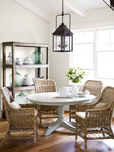 dining area, painted table, wicker chairs, lantern Veranda Design, Dining Room Decorating, Country Living Magazine, White Dining Room, Wicker Chairs, Dining Room Inspiration, Farm Style, House Beautiful, Room Decorating