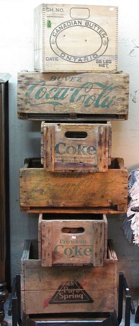 Old Wooden boxes and crates... Can be used one on top of the other or two at a time to add charm to any room not just the kitchen. Vintage Wooden Crates, Wooden Crates, B & B, Flea Market, Vintage Decor, Vintage Finds, Wooden Boxes, Coca Cola, Sake