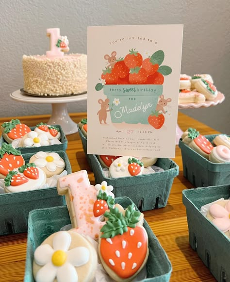 Celebrated our Berry Sweet One’s first birthday today! @jwickdesign ‘s strawberry invitations for @minted were absolutely perfect for our theme 🍓❤️ #strawberrybirthday #kidsbirthday #strawberry #berrysweetone #berrycookies #strawberrycookies 2nd Strawberry Birthday, Berry Sweet 1st Birthday Cookies, Strawberry Third Birthday, Two Berry Sweet Birthday, Berry Third Birthday, Cute First Birthday Ideas, First Birthday Berry Theme, Two Sweet Strawberry Birthday, Berry First Birthday Decor