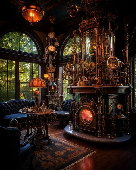 Tour through a Victorian Steampunk Mansion 🏠💡⚙️✨️ Steampunk Mansion, Steampunk House Interiors, Victorian Steampunk Aesthetic, Hidden Library, Steampunk Games, Steampunk House, Cosy Room, Victorian Steampunk, 7 H