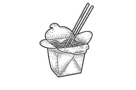 Chinese Take Out Box Tattoo, Noodle Box Illustration, Asian Food Tattoo, Chinese Food Tattoo, Noodle Tattoo, Asian Food Illustration, Box Sketch, Chinese Takeout Box, Food Tattoos