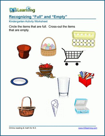 Students identify whether objects or containers are "full" or "empty".  Free | Preschool | Kindergarten | Worksheets |  Printable Full And Empty Worksheets, Log Math, Kindergarten Grammar, Early Science, Cursive Writing Worksheets, Comprehension Exercises, Grade Spelling, Worksheets For Kindergarten, Kindergarten Worksheets Printable