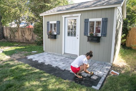 Small Deck For Shed, Cute Backyard Storage Sheds, Patio And Shed Ideas, Diy Shed Porch, Paint Shed Ideas Backyards, Front Of Shed Ideas, Front Of Shed Landscaping, Landscaping Shed Ideas, Pavers In Front Of Shed