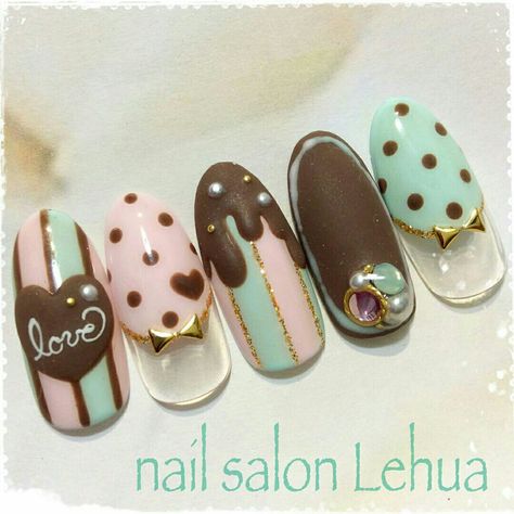 ☺ Chocolate Nail Art, Chocolate Nails, Japanese Nail Design, Kawaii Nail Art, Valentine Nail Art, Really Cute Nails, Nail Art Designs Videos, Japanese Nails, Kawaii Nails