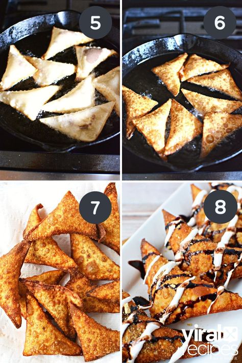 TikTok Dessert Samosa's stuffed with Nutella | Salty Side Dish Nutella Wontons, Trending Desserts, Salty Side Dish, Marshmallow Fluff Recipes, Homemade Marshmallow Fluff, Fried Wontons, Creative Desserts, Nachos Recipe, Chocolate Nutella