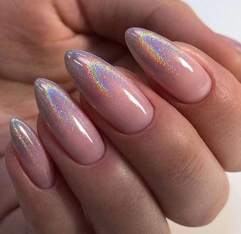 Chrome Acrylic Nails, Acrylic Nails Almond, Almond Nails French, Holo Nails, Nails Yellow, Gel Nails At Home, Almond Shape Nails, Almond Nails Designs, Almond Acrylic Nails