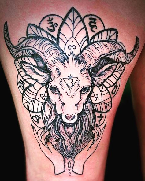 #goattattoo #darkart #capricorn #tattooart  #goat #legtattoo #girlswithtattoos #chakra #witch #astrology #spirit #mandala Female Goat Tattoo, Capicorn Tatoos Ideas, Goat Tattoo Design, Capricorn Goat Tattoo, Capricorn Goddess Tattoo, Mandala Capricorn Tattoo, Goat Tattoo Capricorn, Sea Goat Tattoo Capricorn, Goat Mermaid Tattoo