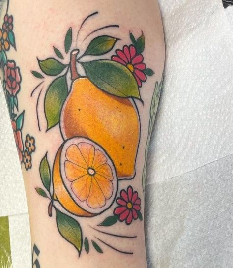 Lemon Trad Tattoo, Neo Trad Small Tattoo, American Traditional Lemon Tattoo, Lemon Tattoo Ideas, Lemon Tattoo Design, Traditional Lemon Tattoo, Traditional Fruit Tattoo, Neo Trad Tattoo Design, Cutest Tattoos