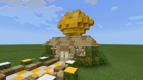 Lemon Meringue’s House from the Strawberry Shortcake Series!! Lemon House Minecraft, Strawberry Shortcake House Minecraft, Fruit Minecraft House, Strawberry Shortcake Minecraft, Minecraft Food House, Minecraft Strawberry, Fruit House Minecraft, Tiny Mushroom House Minecraft, Vanilla Minecraft Cottagecore