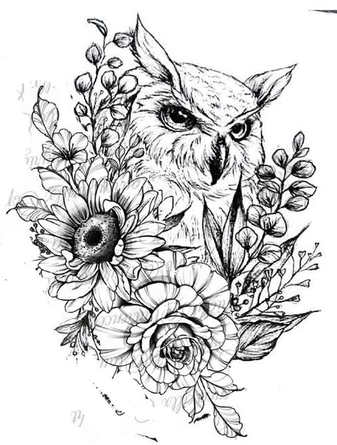 Owl And Flower Tattoo, Flowers Tattoo Design, Rising Phoenix Tattoo, Cute Owl Tattoo, Shoulder Sleeve Tattoos, Animal Tattoo Ideas, Tattoos For Women Flowers, Owl Tattoo Design, Flowers Tattoo