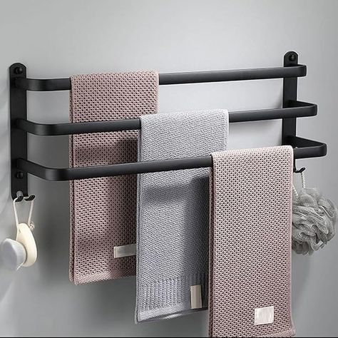 Towel Rack Holder Wall Mounted Space Aluminum Towel Rail Towel Bar Stands for Bathroom Hotel Kitchen (40cm, Black 3 Layer) : Amazon.co.uk: DIY & Tools Toallero Ideas, Shoe Storage Shelf, Hand Towel Holder, Hotel Kitchen, Chair Seat Cushion, Hotel Bathroom, Towel Rack Bathroom, Drilling Holes, Sideboard Cabinet