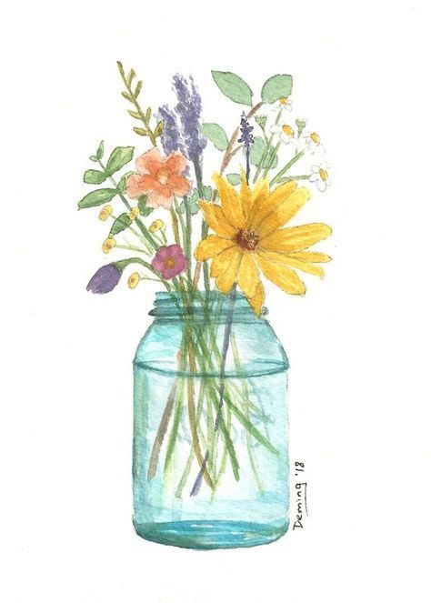 Jar Flowers, Watercolor Art Journal, Ball Jar, Watercolor Water, Jar Art, Flowers Watercolor, Plant Drawing, 수채화 그림, Watercolor Flowers Paintings