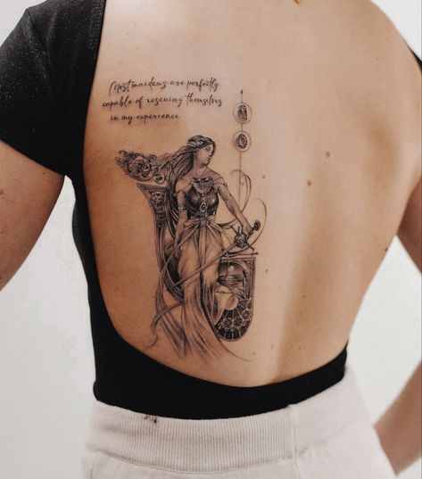 Hygeia Goddess Tattoo, Back Tattoo Women Greek Mythology, Bia Goddess Tattoo, Goddess Inspired Tattoo, Greek Goddess Back Tattoo, Greek Mythology Tattoos Back, Psyche Tattoo Goddess, Achelois Goddess Tattoo, Greek Back Tattoo Women