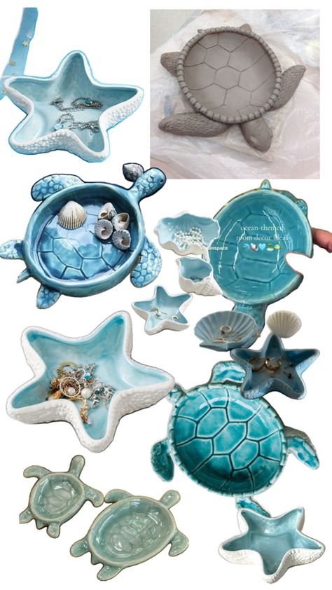 Beachy Air Dry Clay Ideas, Air Dry Clay Projects Ocean, Ocean Clay Ideas, Clay Sea Animals, Sea Turtle Clay, Trinket Ideas, Clay Jewellery Holder, Costal Bedroom, Clay Turtle