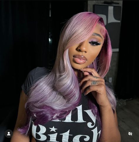 Wig Color Combination, Purple Weave Black Women, Lavender Hair On Black Women, Violet Hair Black Women, Colored Wig Installs, Blonde And Purple Hair Ombre, Platinum Purple Hair, Lavender Hair Black Women, Purple Wigs Black Women