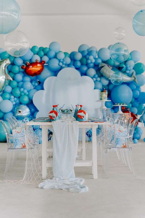 Under the sea themed 4th birthday party Birthday Party Ideas | Photo 1 of 13 | Catch My Party Underwater Party Decorations, Luca Party, Sea Backdrop, Sea Birthday Party Decorations, Sea Party Ideas, Under The Sea Birthday Party, Ocean Birthday Party, Spongebob Birthday Party, 4th Birthday Party