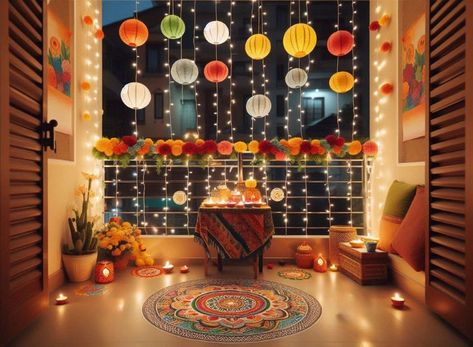 15. Beautiful balcony design for diwali Balcony Lighting Ideas Diwali Decor, Diwali Balcony Decoration Ideas, Diwali Lights Decoration Balcony, Diwali Lighting Ideas For Balcony, Diwali Balcony Decoration, Diwali Desserts, Diwali Lighting, Diwali Home Decoration, Diwali Decoration Ideas