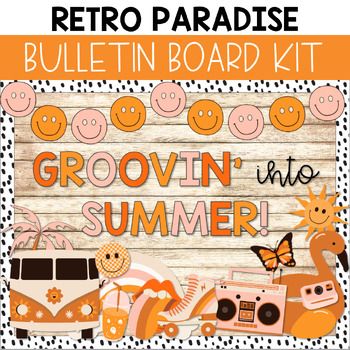 Summer Theme Preschool Classroom Decor, Summer Classroom Themes, Groovy Bulletin Board Ideas, Retro Bulletin Board Ideas, Boho Retro Classroom, 70s Style Summer, Retro Classroom Theme, End Of Year Bulletin Board, Retro Classroom Decor