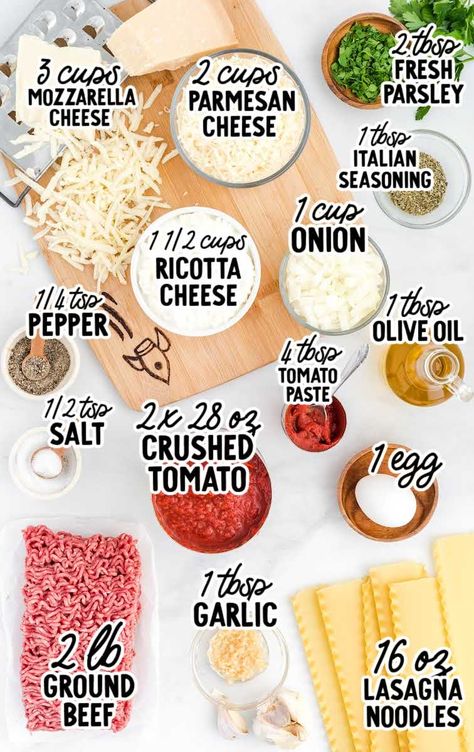 Lasagna raw ingredients that are labeled Easy Homemade Lasagna, Homemade Lasagna Recipes, Best Lasagna Recipe, Lasagna Recipes, How To Make Lasagna, Lasagna Ingredients, Easy Lasagna Recipe, Meat Sauce Recipes, Spaceships And Laser Beams