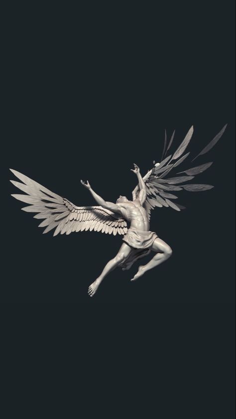 Winged Demon Tattoo, Male Angel Statue, Icarus Statue, Icarus Flying, Angel Falling, Icarus Art, Black Jaguar Animal, Angel Sculpture Art, Falling Angel