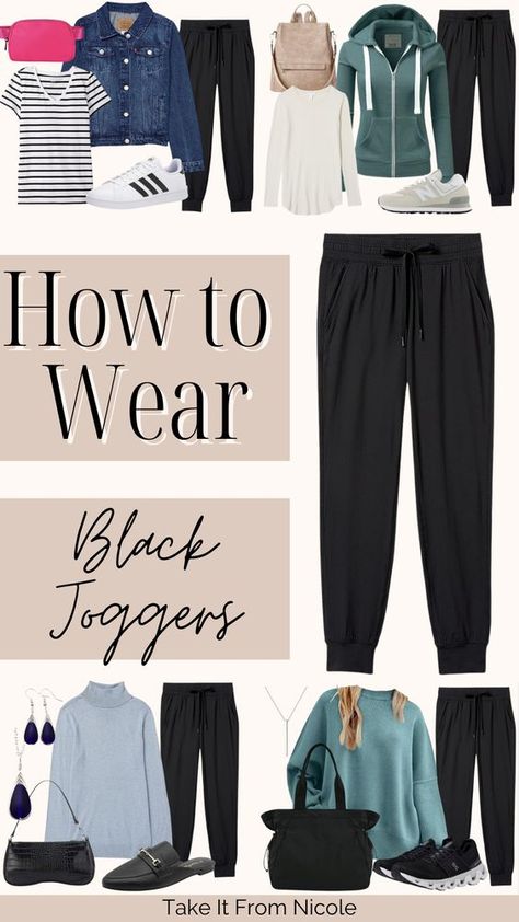 Black Shinny Leggins Outfit, Crop Joggers Outfit, Joggers With Vest Outfit, Black Joggers Spring Outfit, Joggers Professional Outfit, What To Wear With Black Joggers Casual, Joggers Style Women, Joggers And Graphic Tee Outfit, Tops For Joggers Women