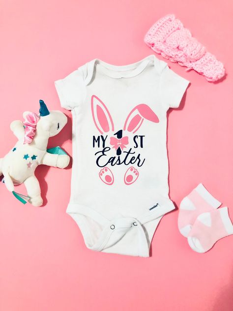 Excited to share this item from my #etsy shop: My First Easter Baby Girl Bunny Custom Gerber Onesie | White Bodysuit | Baby Clothing | Kids Clothing My First Easter Onesie, Cricut Baby Shower, Easter Onesie, Onesie Ideas, Bunny Custom, Baby Easter Outfit, Crafts Origami, Cricut Baby, My First Easter