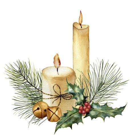 Christmas Candle With Holiday Decor ... Red Christmas Candle, Watercolor Candles, Candle Clipart, Candle Images, Hand Painted Candles, Christmas Candle Decorations, Christmas Tree Branches, Christmas Card Art, Painted Candles