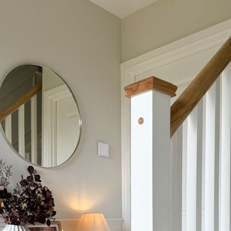 Amy Barclay on Instagram: "Hallway Details

A little autumn restyling in the hallway 🍂

Hope you’re all having a good week so far. The weather has been so mild and sunny here ☀️🍁

Flooring @amticoflooring Fawn Oak
Stair Runner @cormarcarpets Southwold Barnham Beach
Console @cotswoldco Chester Stone
Wall colour Slaked Lime Mid 
Panelling Slaked Lime 
Vase and faux stems @the_suffolk_nest 
Faux stems on stool @nucohome 
Lamp @zarahome 
Print @troveprints *pr
Cushion @foxandbeau 

#hallway #hallwaystyling #autumnstyling #smallhallway #panelling #neutralhallway #stairrunner #homeinteriors #entrancehall #hallwaydetails #newbuildhallway #hallwaypanelling #slakedlime #slakedlimemid #cormarcarpets" Slaked Lime Mid, Neutral Hallway, Slaked Lime, Hallway Panelling, Faux Stems, Oak Stairs, Wall Colour, Small Hallways, Good Week