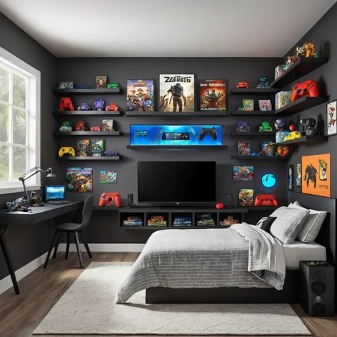 Game Room Shelving Ideas, Gaming Room Design Ideas, Boys Decoration Room Ideas, Boys Wallpaper Bedroom, Teen Boy Gaming Bedroom, Teen Boy Room Ideas Gaming, Fortnite Room Decor Ideas, Teen Boy Bedroom Gamer, Couple Apartment Decor