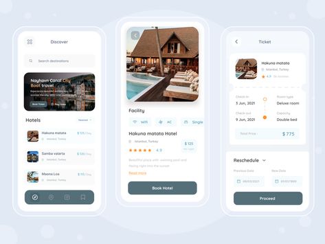 Booking Hotel Mobile app by Excel for Enver Studio on Dribbble Social App Design, Ui Developer, Mobile App Inspiration, Hotel App, Hotel Booking App, Ux App Design, Card Ui, Wireframe Design, App Ideas