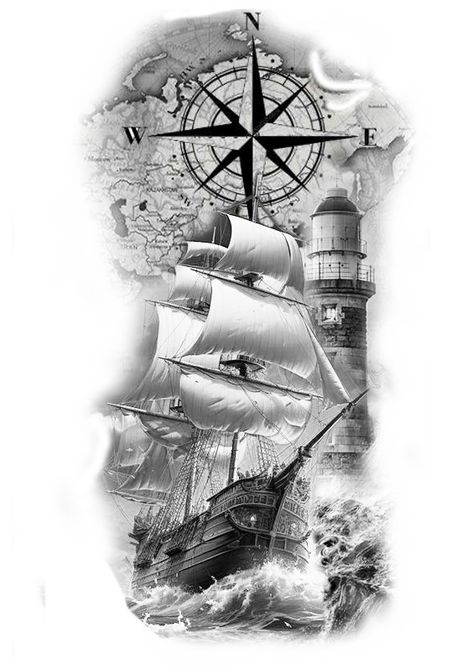 Ship Compass Tattoo Design, Compass Ocean Tattoo, Ship And Kraken Tattoo, Cannon Tattoo, Gg Tattoo, Ship Tattoo Sleeves, Anchor Compass Tattoo, Nautical Tattoo Sleeve, Kraken Tattoo