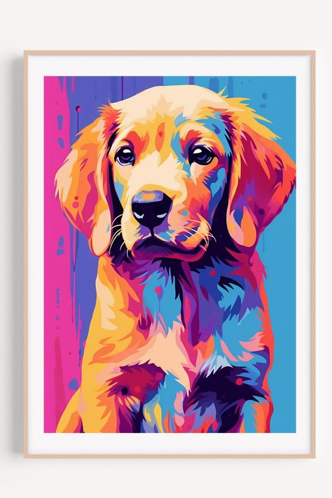 Golden Retriever Colorful Pop Art Golden Retriever Pop Art, Pop Art Painting Ideas, Dog Panting, Dog Painting Pop Art, Colorful Dog Art, Colorful Pop Art, Pop Art Images, Abstract Animal Art, Dog Pop Art