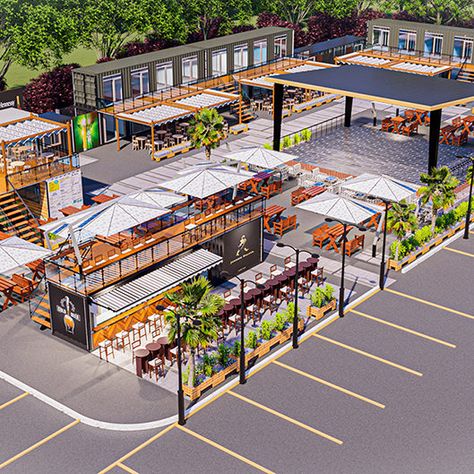 Container Food Court Design, Food Courts Designs, Plaza Design Architecture Public Spaces, Street Mall Design, Restaurant Parking Lot Design, Food Court Restaurant Design, Outdoor Foodcourt Architecture, Outdoor Eatery Design, Container Food Park