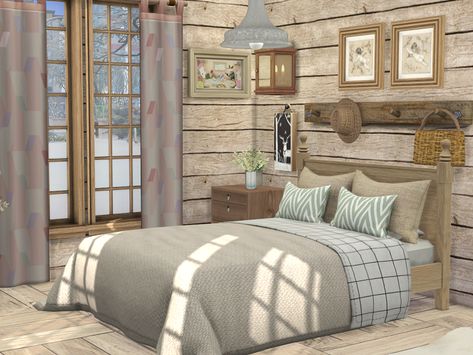 Sims 4 Cc Log Cabin Furniture, Sims 4 Master Bed, Sims 4 Rustic Cc, Sims 4 Cc Farmhouse, Alpine Bedroom, Cottagecore Furniture, Sims 4 Cc Furniture Living Rooms, Sims 4 Cottage, Farm Bedroom