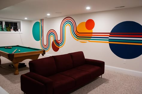 Wall Painting Ideas Gameroom, Man Cave Wall Mural, Game Room Mural Ideas, Gaming Room Mural, Funky Game Room, Basement Mural Ideas, Gaming Mural, Game Room Mural, Playroom Mural Ideas