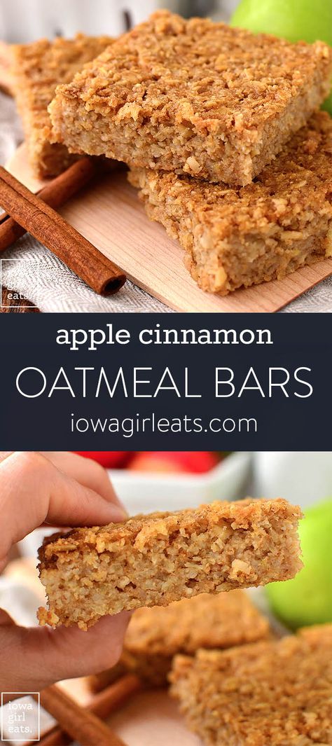 Apple Cinnamon Oatmeal Bars - Iowa Girl Eats Apple Cinnamon Oatmeal Bars, Oatmeal Bars Healthy, Apple Cinnamon Oatmeal, Breakfast Oatmeal, Gluten Free Breakfast, Apple Oatmeal, Cinnamon Oatmeal, Iowa Girl Eats, Oatmeal Bars