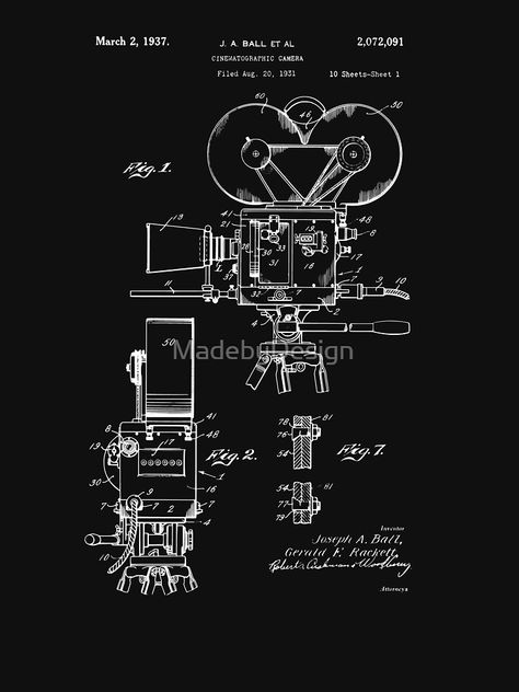 "Moviemaker Film Camera Patent Drawings 1937" T-shirt by MadebyDesign | Redbubble Camera Blueprint, Cinematic Camera, Cannock Chase, Movie Room Decor, Quirky Prints, Blueprint Art, Film Making, Patent Drawing, Small Workshop