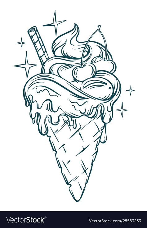 Waffle Cone Drawing, Hand Drawn Coloring Pages, Ice Cream Cone Sketch, Ice Cream Cake Drawing, Ice Cream Doodle Art, Ice Cream Drawings, Drawing Ideas Food, Ice Cream Cone Illustration, Food Art Drawing