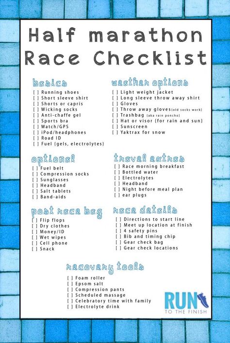 Half Marathon Checklist - plus tips for your best race Marathon Checklist, Half Marathon Prep, Marathon Preparation, Half Marathon Tips, Marathon Prep, Disney Half Marathon, Marathon Tips, Marathon Motivation, Half Marathon Training Plan