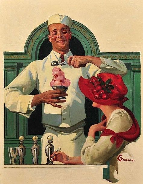 Ice Cream Sundae, Soda Jerk’s Gal (E.M. Jackson): Norman Rockwell Art, Norman Rockwell Paintings, Family Calendar, Animation Art Sketches, Jackson's Art, Paintings Art, Calendar 2024, Literature Art, Norman Rockwell