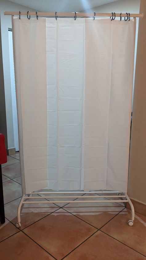 Ikea diy. Rigga (clothes rack) + Bjärsen (shower curtain) + Ringsjön (curtain rings) Clothes Rack As Room Divider, Clothes Rack Room Divider, Diy Garment Rack Cheap, Diy Round Shower Curtain Rod, Ikea Rigga Clothes Rack, Ikea Clothes Rack, Diy Clothes Rack Cheap, Ikea Hangers, Room Divider Ideas Diy Cheap