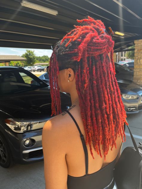 Red Ombre Locs Black Women, Copper Red Locs, Loc Half Up Half Down Styles, Locs Half Up Half Down, Cherry Red Locs, Magenta Locs, Red And Black Locs, Claw Clip Locs, Dark Red Locs