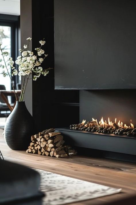 Cozy Up with These Recessed Fireplace Ideas Bio Ethanol Fireplace Living Rooms, Diy Ethanol Fireplace, Bio Ethanol Fireplace Ideas, Fireplace Aesthetic, Recessed Fireplace, Wooden Mantelpiece, White Built Ins, Dark Paint Colors, Room Vibes