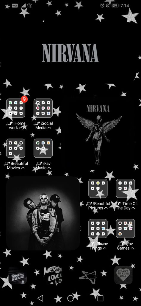 For Huawei phone, home screen nirvana hope you like it<3 Nirvana Homescreen, Phone Home Screen, Huawei Phones, Iphone App Layout, Heart Shape Box, App Layout, Homescreen Layout, Iphone Layout, Iphone App