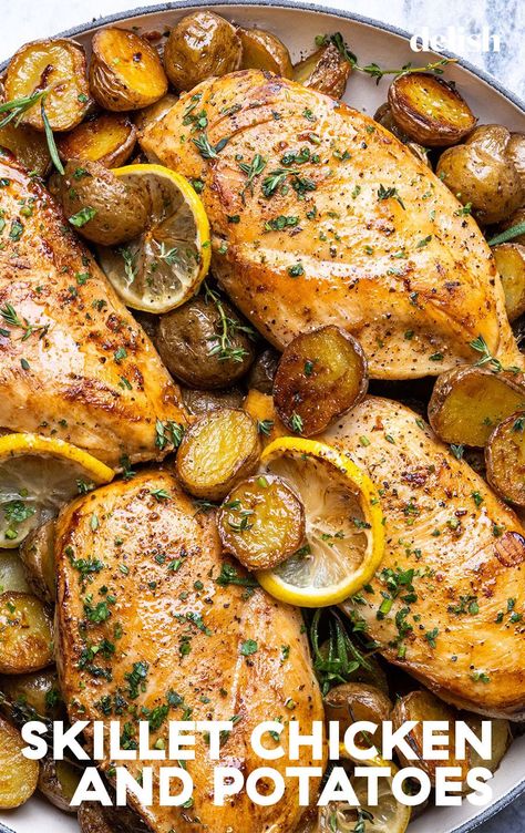 One-Pan Chicken and Potatoes Has Virtually No Clean-UpDelish Boujee Wedding, Rv Cooking, Dump Recipes, Lemon Herb Chicken, Chicken Tonight, Bbq Chicken Salad, Chicken And Potatoes, Skillet Potatoes, Dump Dinners