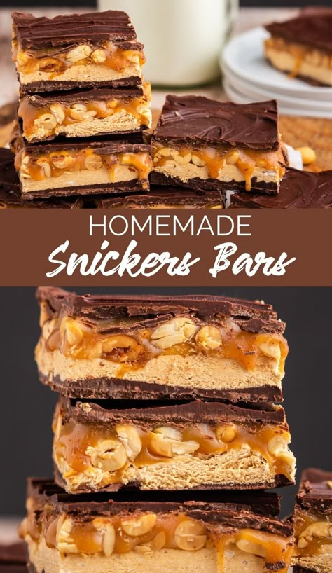 These Homemade Snickers Bars are a heavenly treat that you can now make at home! These are chocolatey, peanut and caramel goodness. via @familyfresh 6 Ingredient Snickers Bars, Healthy Homemade Snickers Bar, Snore Bar Ideas, Snicker Candy Bar Recipes, Peanut Caramel Bars, How To Make Snickers Bars, Homemade Healthy Snickers, Homemade Snickers Bars Recipe, No Bake Snickers Bars